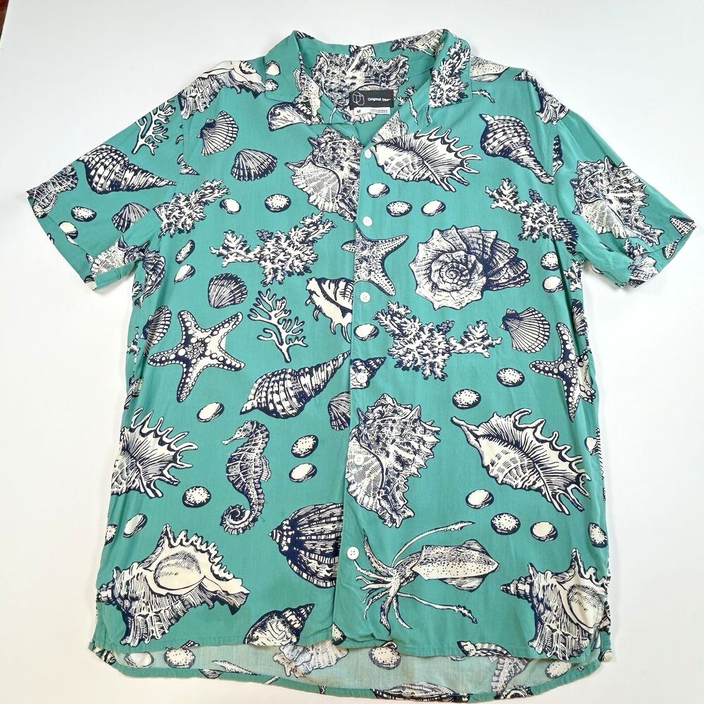 Original Use Men's M Rayon Camp Shirt Aqua Seashell Starfish Sea Print Hawaiian